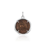 Larissa and Horse Bronze Coin Pendant – ancient Greek bronze coin with a horse mid-stride, set in a four-prong 14k white gold bezel, by Marrow Fine