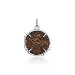 Side view of the Larissa and Horse Bronze Coin Pendant showing the 14k white gold bezel and prongs