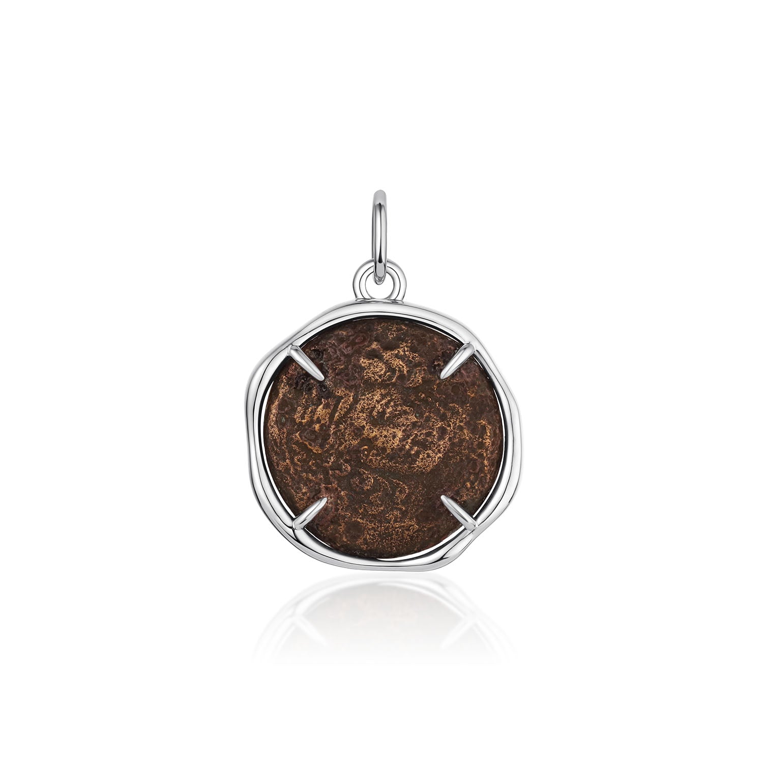 Side view of the Larissa and Horse Bronze Coin Pendant showing the 14k white gold bezel and prongs