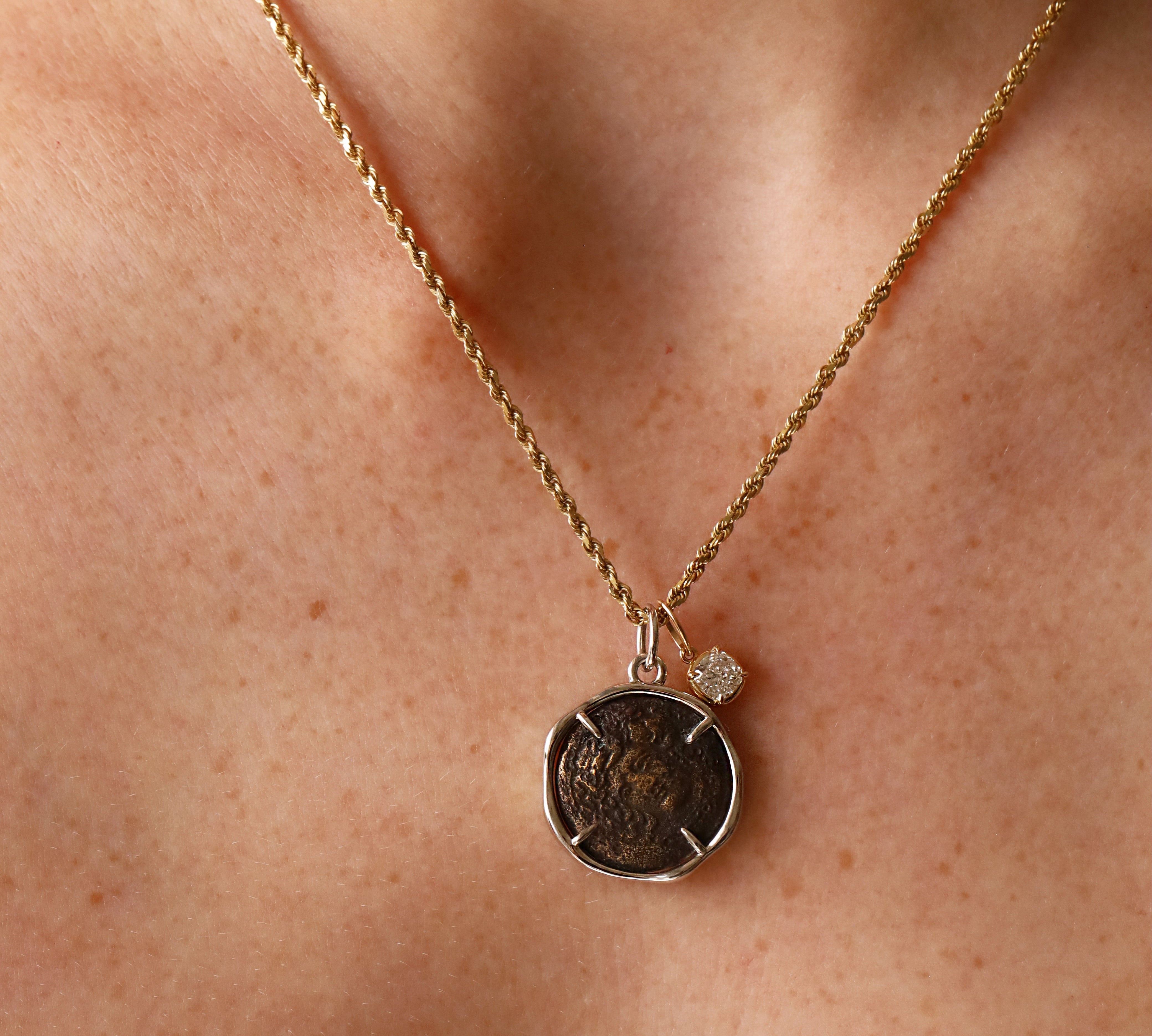 Larissa and Horse Bronze Coin Pendant worn on the neck, an ancient Greek bronze coin in a 14k white gold bezel