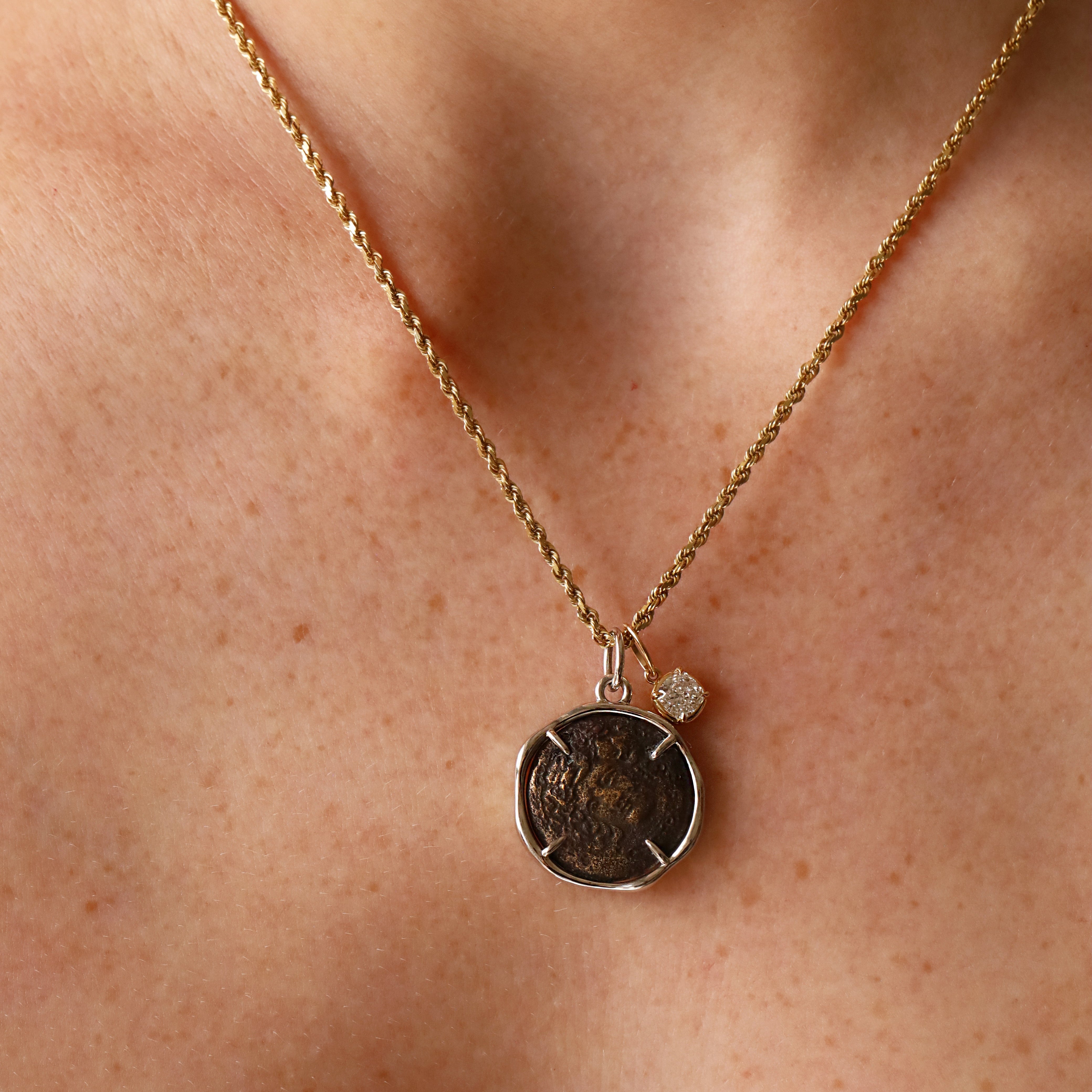 Larissa and Horse Bronze Coin Pendant worn on the neck, an ancient Greek bronze coin in a 14k white gold bezel