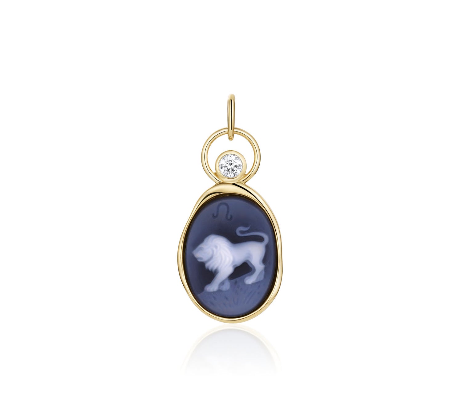 Leo Zodiac Black Agate Carving with Diamonds – white lion and Leo glyph carved on black agate, set in 14k yellow gold with a round diamond in an open gold ring, by Marrow Fine