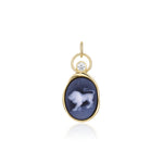 Leo Zodiac Black Agate Carving with Diamonds – white lion and Leo glyph carved on black agate, set in 14k yellow gold with a round diamond in an open gold ring, by Marrow Fine