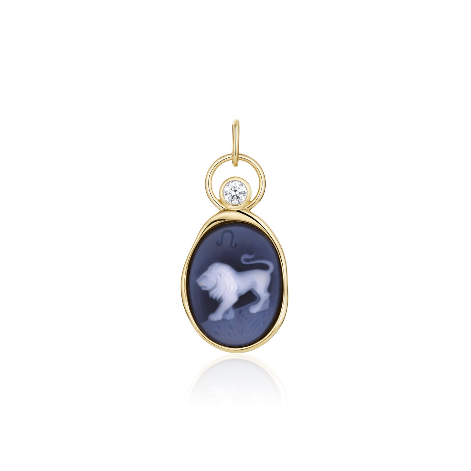 Leo Zodiac Black Agate Carving with Diamonds – white lion and Leo glyph carved on black agate, set in 14k yellow gold with a round diamond in an open gold ring, by Marrow Fine