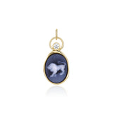 Leo Zodiac Black Agate Carving with Diamonds – white lion and Leo glyph carved on black agate, set in 14k yellow gold with a round diamond in an open gold ring, by Marrow Fine