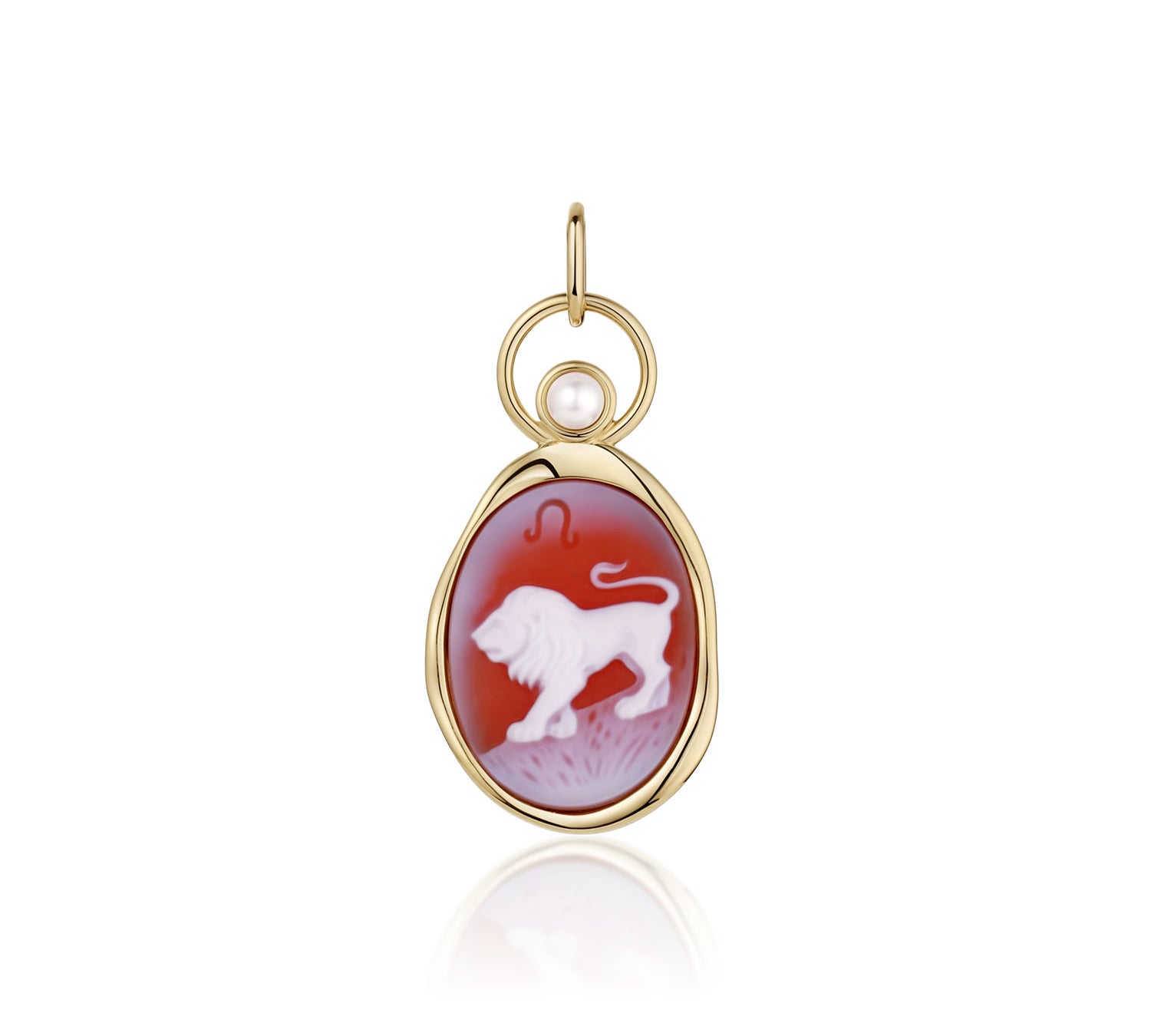 Leo Zodiac Orange Agate Carving with Pearl – white lion and Leo glyph carved on orange agate, set in 14k yellow gold with a white pearl in an open gold ring, by Marrow Fine