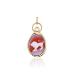 Leo Zodiac Orange Agate Carving with Pearl – white lion and Leo glyph carved on orange agate, set in 14k yellow gold with a white pearl in an open gold ring, by Marrow Fine
