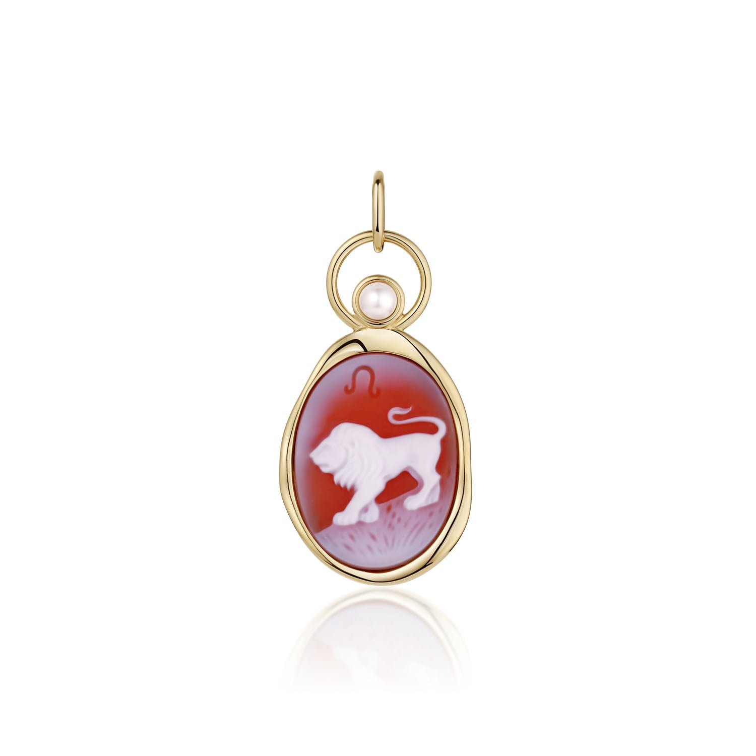 Leo Zodiac Orange Agate Carving with Pearl – white lion and Leo glyph carved on orange agate, set in 14k yellow gold with a white pearl in an open gold ring, by Marrow Fine
