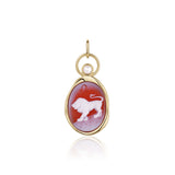 Leo Zodiac Orange Agate Carving with Pearl – white lion and Leo glyph carved on orange agate, set in 14k yellow gold with a white pearl in an open gold ring, by Marrow Fine