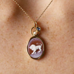 Leo Zodiac Orange Agate Carving with Pearl – white lion and Leo glyph carved on orange agate, set in 14k yellow gold