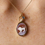 Leo Zodiac Orange Agate Carving with Pearl – white lion and Leo glyph carved on orange agate, set in 14k yellow gold