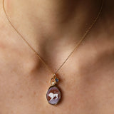 Leo Zodiac Orange Agate Carving with Pearl pendant in 14k yellow gold, a carved white lion with a floating cultured pearl
