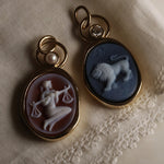 Libra and Leo Zodiac orange agate carving pendants with pearls, shown together