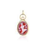 Libra Zodiac Orange Agate Carving with Pearl – white figure holding scales carved on orange agate, set in 14k yellow gold with a white pearl in an open gold ring, by Marrow Fine