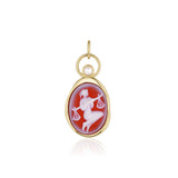 Libra Zodiac Orange Agate Carving with Pearl – white figure holding scales carved on orange agate, set in 14k yellow gold with a white pearl in an open gold ring, by Marrow Fine