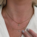Close up of Abstract Bezel Charm on woman's décolletage
