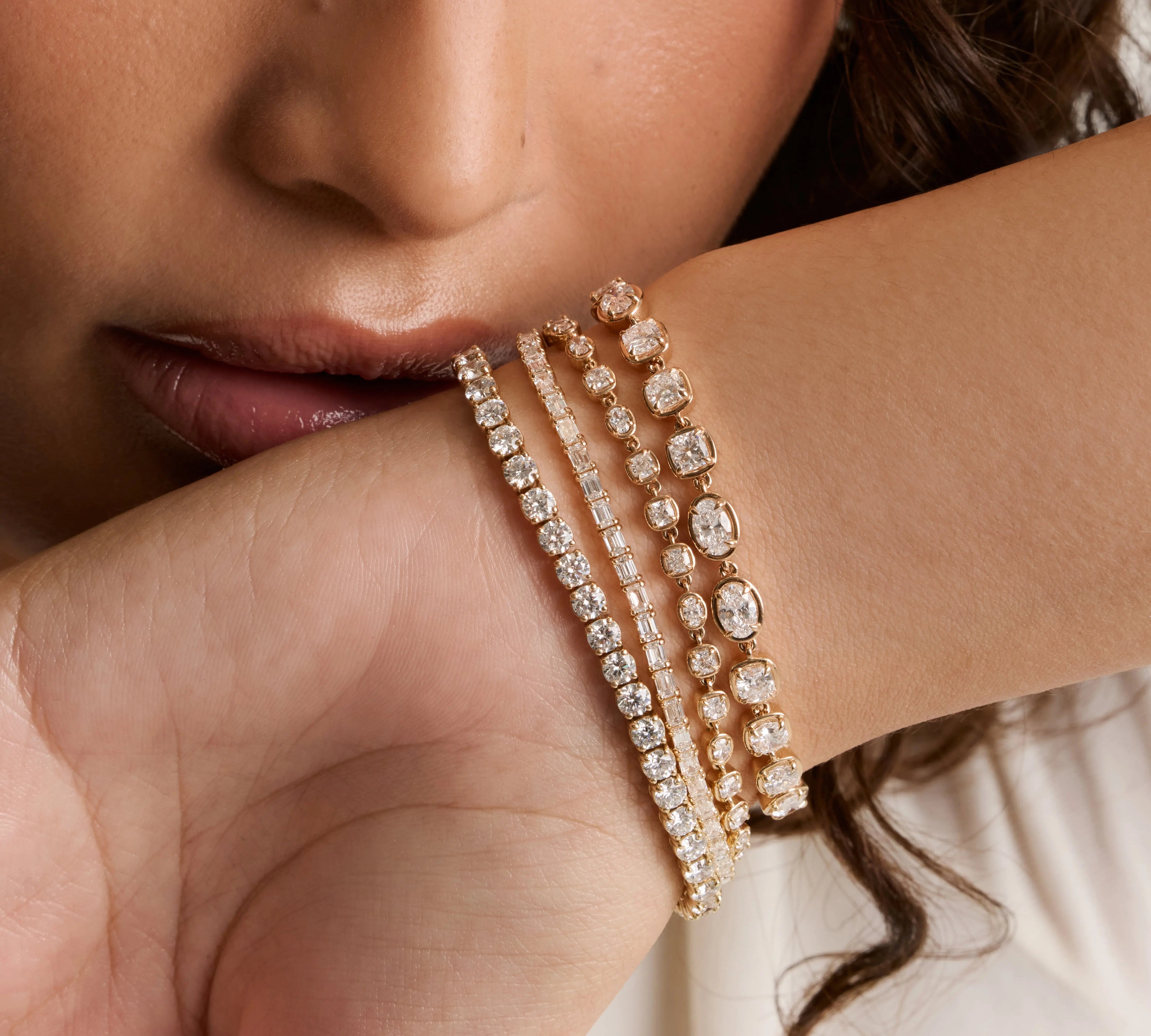 Wrist stacked with the Lisse Tennis Bracelet, Mini Lisse Tennis Bracelet, Evert Tennis Bracelet and Billie Tennis Bracelet