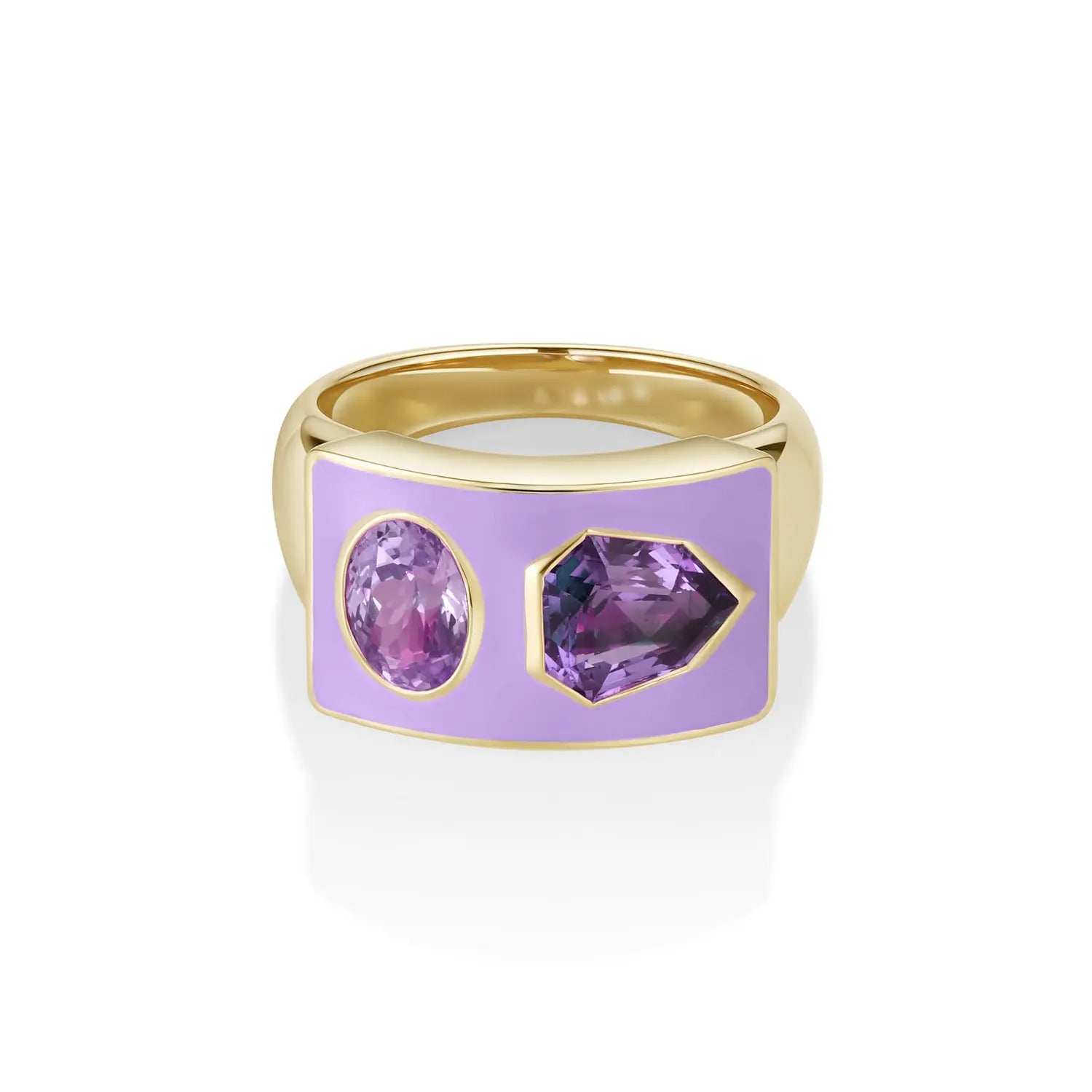 2.03ct Purple Kite Sapphire, 1.30ct Oval Sapphire and Enamel Ring – lilac enamel in 14k yellow gold, by Marrow Fine