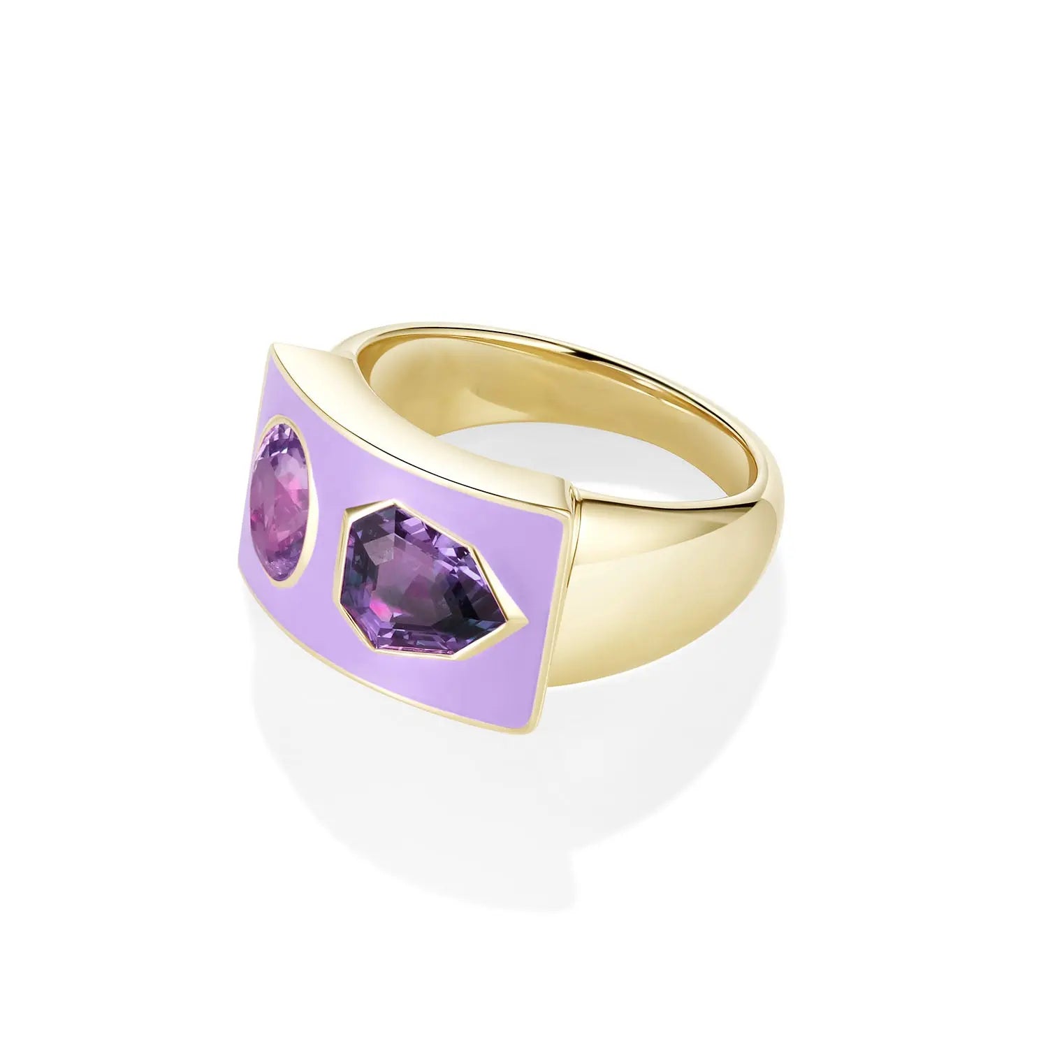 2.03ct Purple Kite Sapphire, 1.30ct Oval Sapphire and Enamel Ring side view