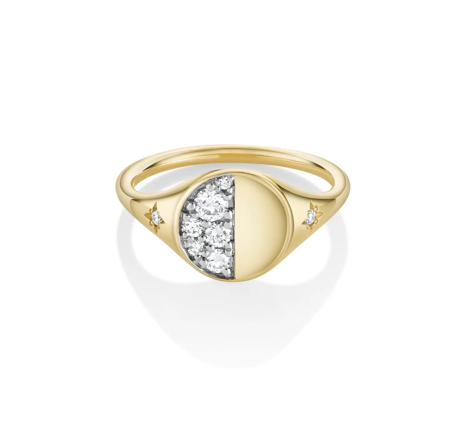 Marrow Fine Jewelry Quarter Moon Phase White Diamond Signet Ring With Stars [Yellow Gold]