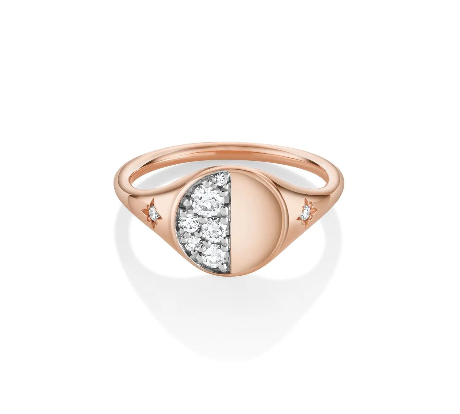 Marrow Fine Jewelry Quarter Moon Phase White Diamond Signet Ring With Stars [Rose Gold]