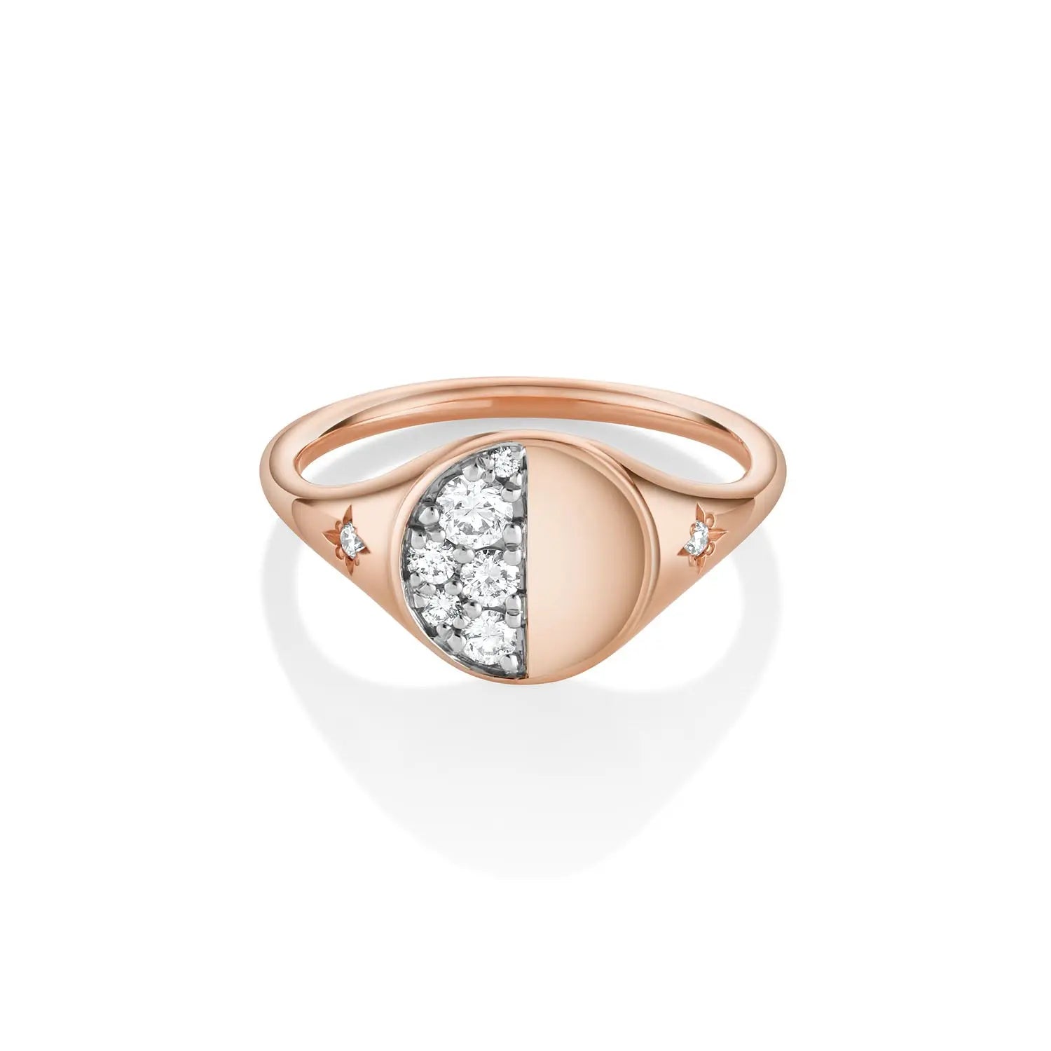 Marrow Fine Jewelry Quarter Moon Phase White Diamond Signet Ring With Stars [Rose Gold]
