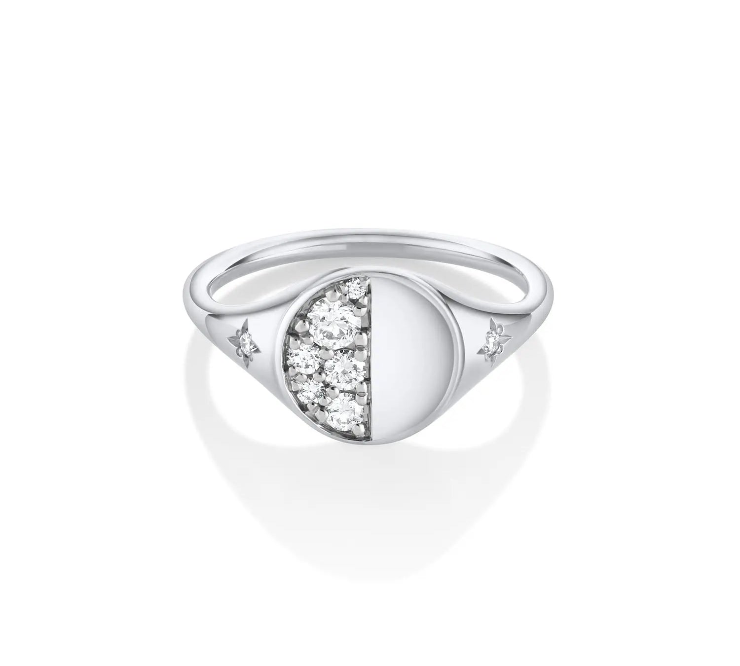 Marrow Fine Jewelry Quarter Moon Phase White Diamond Signet Ring With Stars [White Gold]