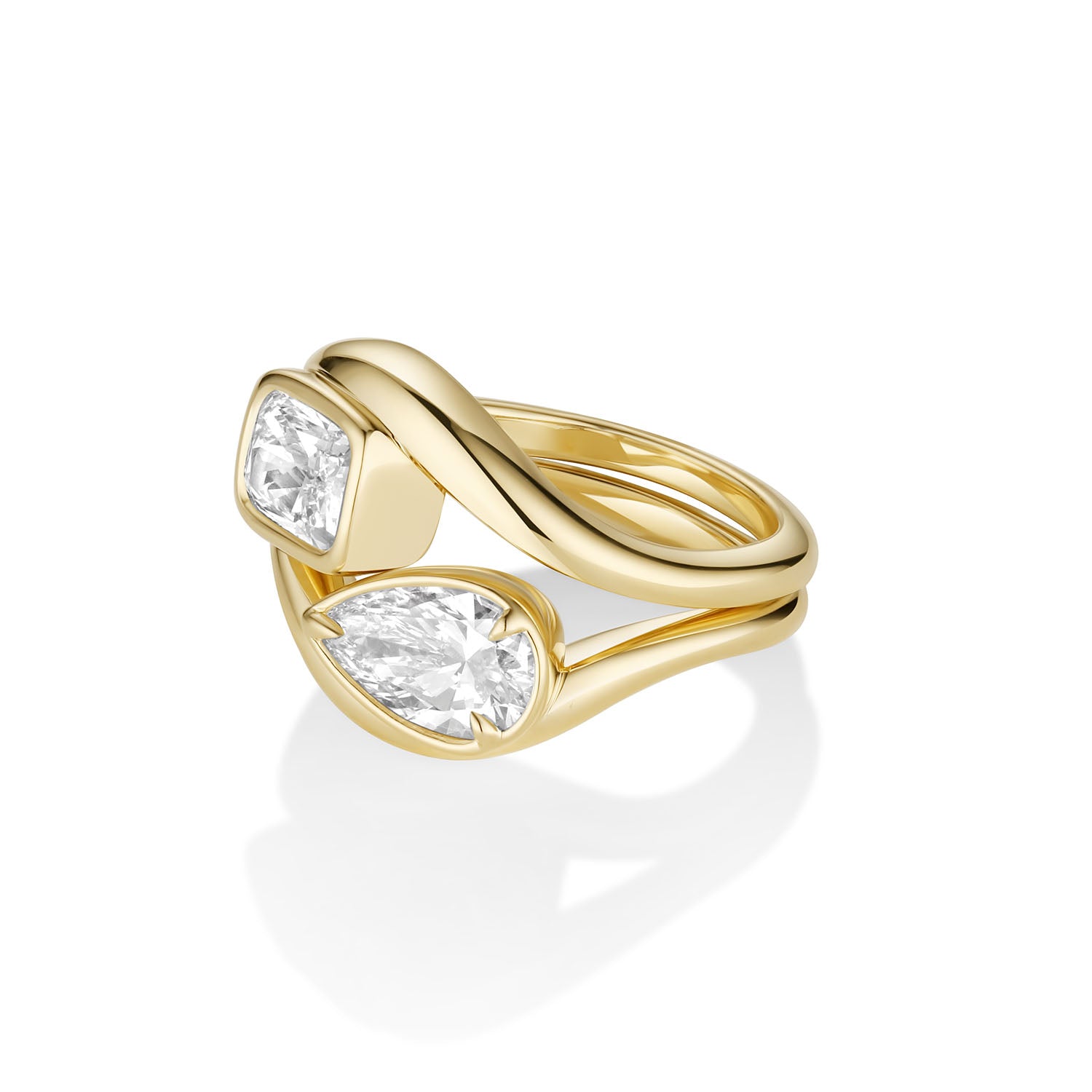 Margot Pear Wave Ring + Mila Cushion Wave Ring Stack Side View [Yellow Gold]