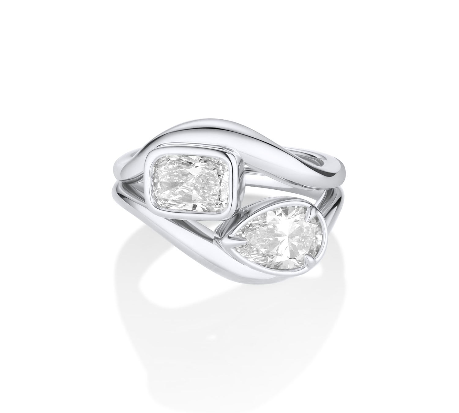 Mila Cushion Wave Ring + Margot Pear Wave Ring Stacked [White Gold]