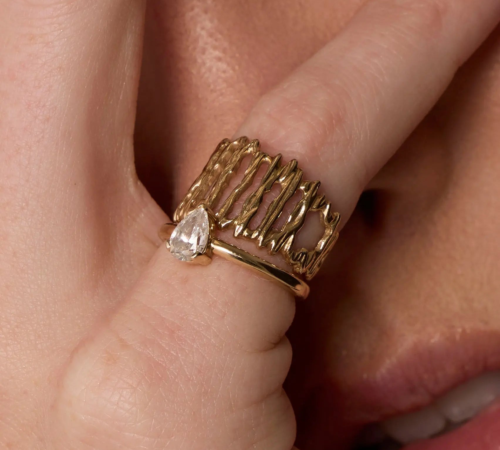 The Mini Sloane Engagement Ring on hand, close up