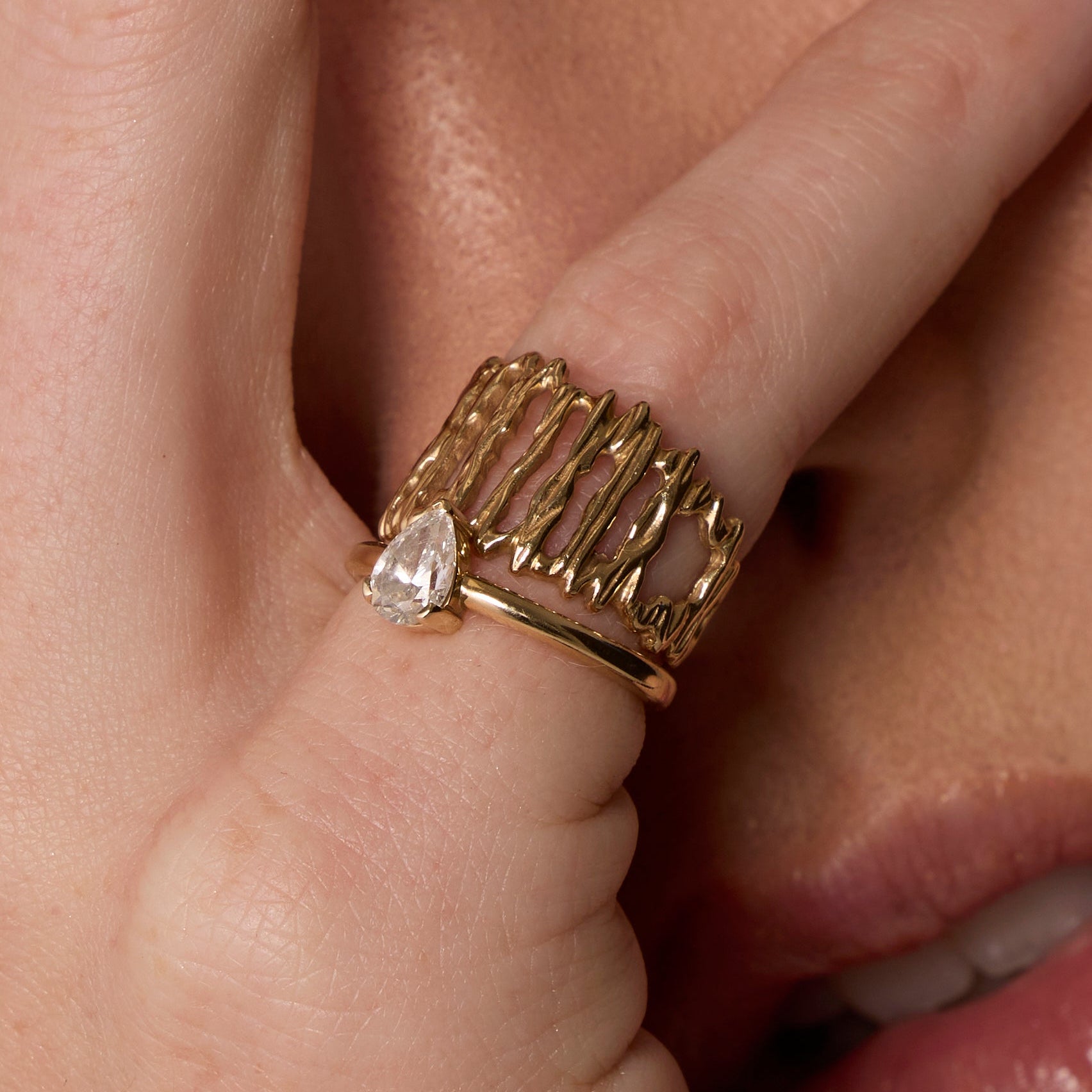 The Mini Sloane Engagement Ring on hand, close up