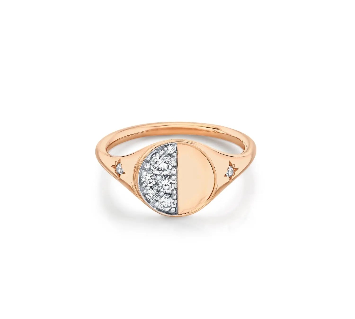 Marrow Fine Jewelry Quarter Moon Phase White Diamond Signet Ring With Stars [Rose Gold]