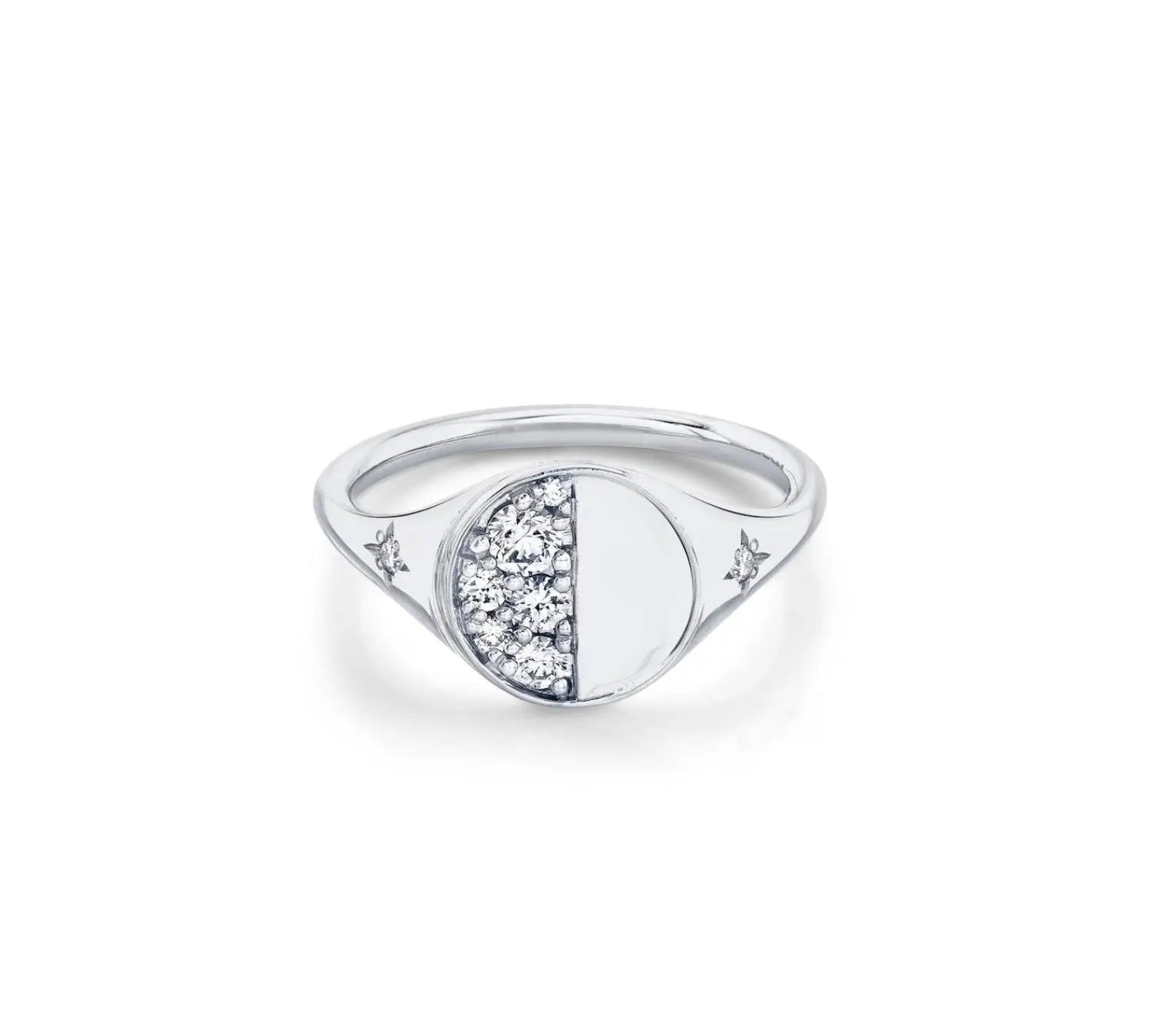 Marrow Fine Jewelry Quarter Moon Phase White Diamond Signet Ring With Stars [White Gold]
