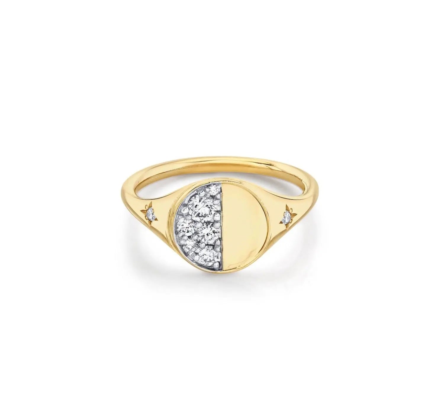 Marrow Fine Jewelry Quarter Moon Phase White Diamond Signet Ring With Stars [Yellow Gold]