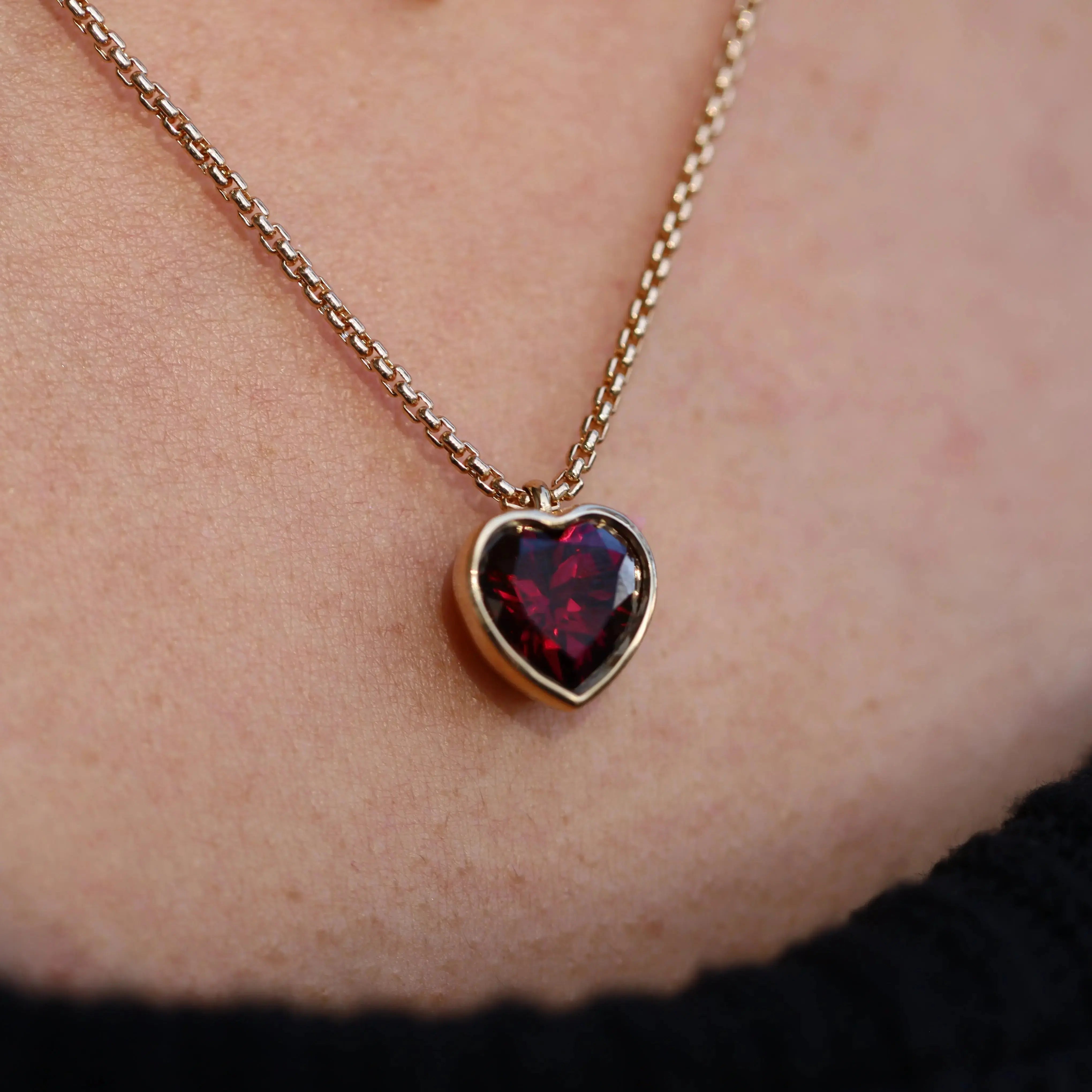 Rhodolite Heart Charm Necklace on Dainty Box Chain - Marrow Fine
