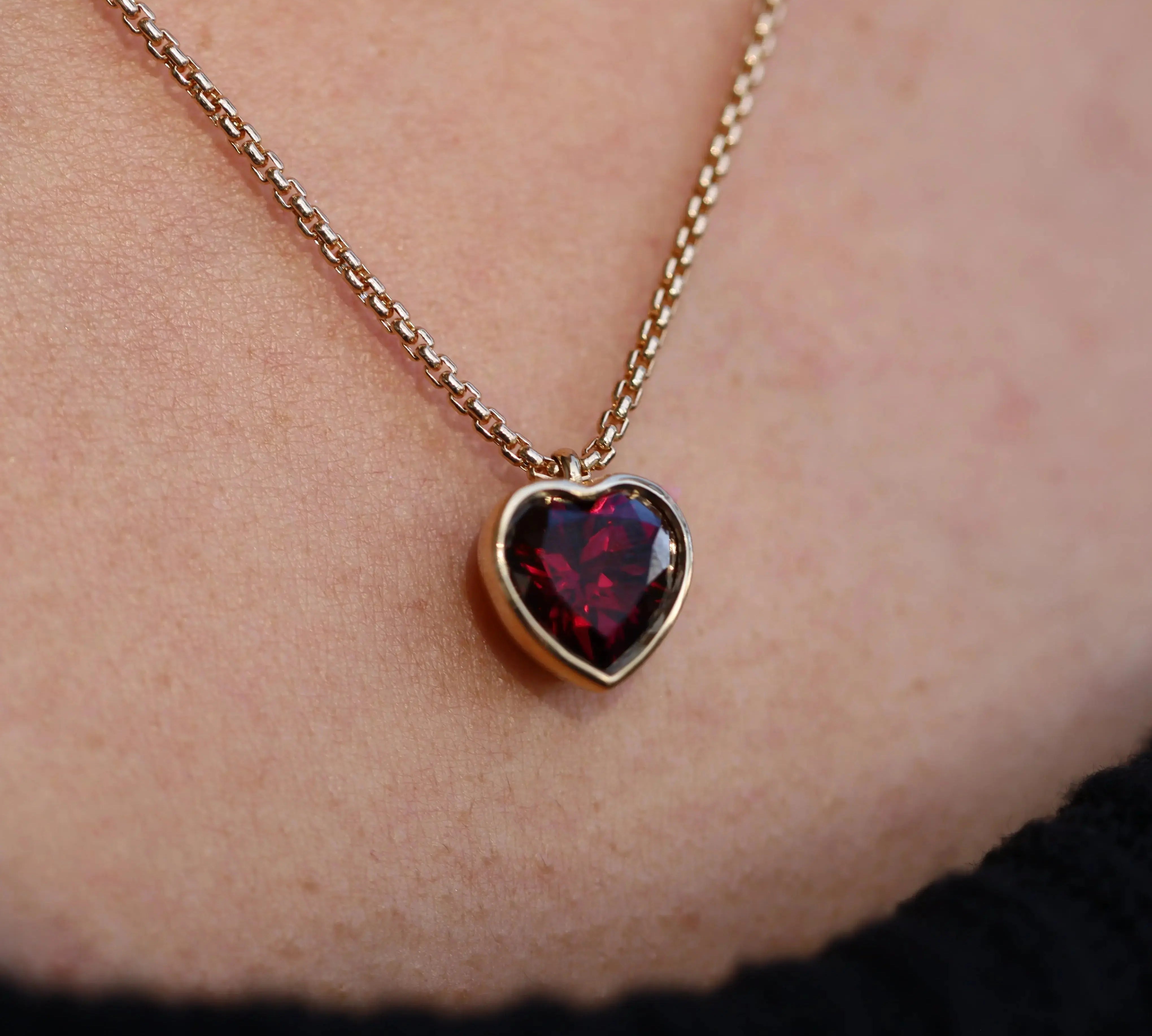 Rhodolite Heart Charm Necklace on Dainty Box Chain