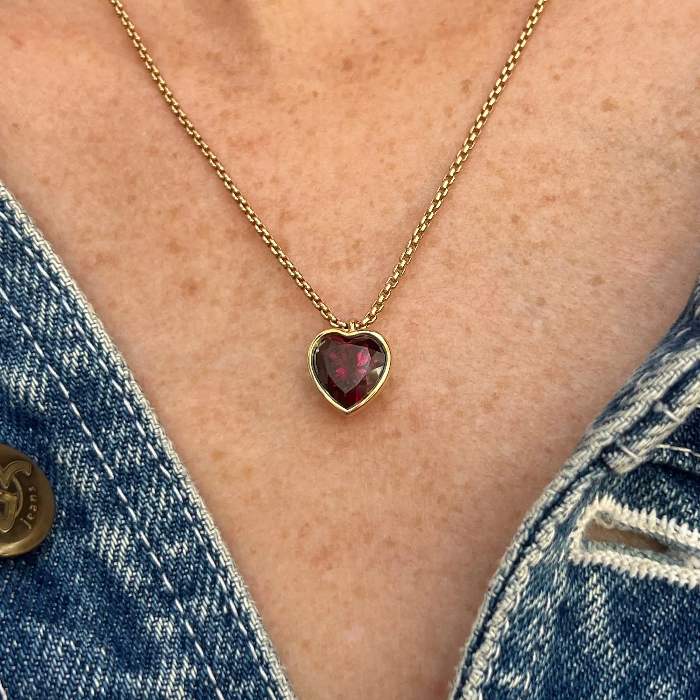 Rhodolite Heart Charm Necklace on Dainty Box Chain [on neck]