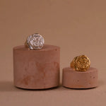 Two rings, one silver and one gold, on cylindrical pink stands against a beige background.