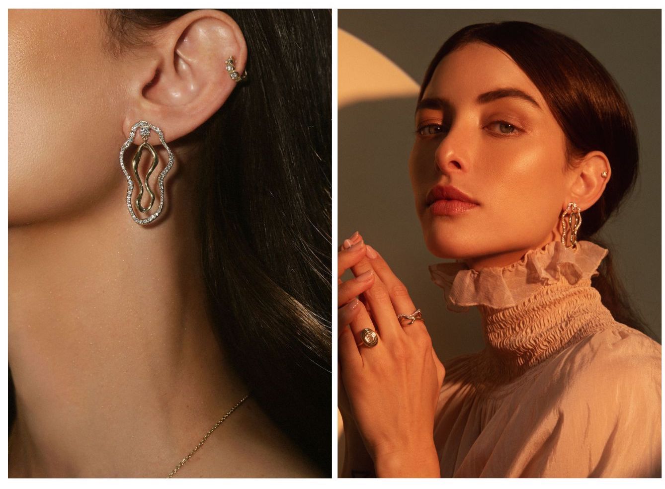 Two side-by-side images of woman wearing Shape of Things collection pieces.