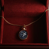 Sagittarius Zodiac black agate carving pendant in 14k yellow gold with a white pearl