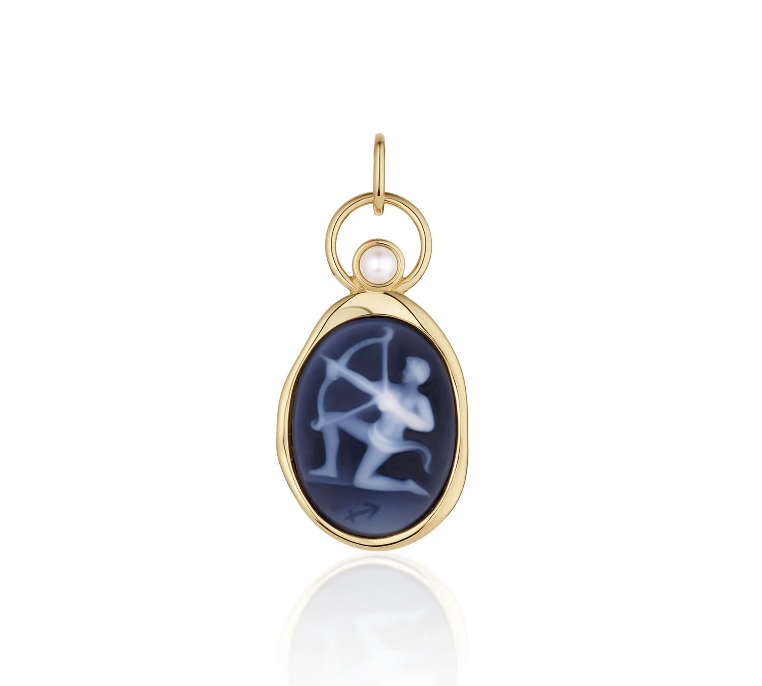 Sagittarius Zodiac Black Agate Carving with Pearl – white archer carved on black agate, set in 14k yellow gold with a white pearl above the carving, by Marrow Fine
