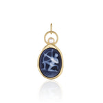 Sagittarius Zodiac Black Agate Carving with Pearl – white archer carved on black agate, set in 14k yellow gold with a white pearl above the carving, by Marrow Fine
