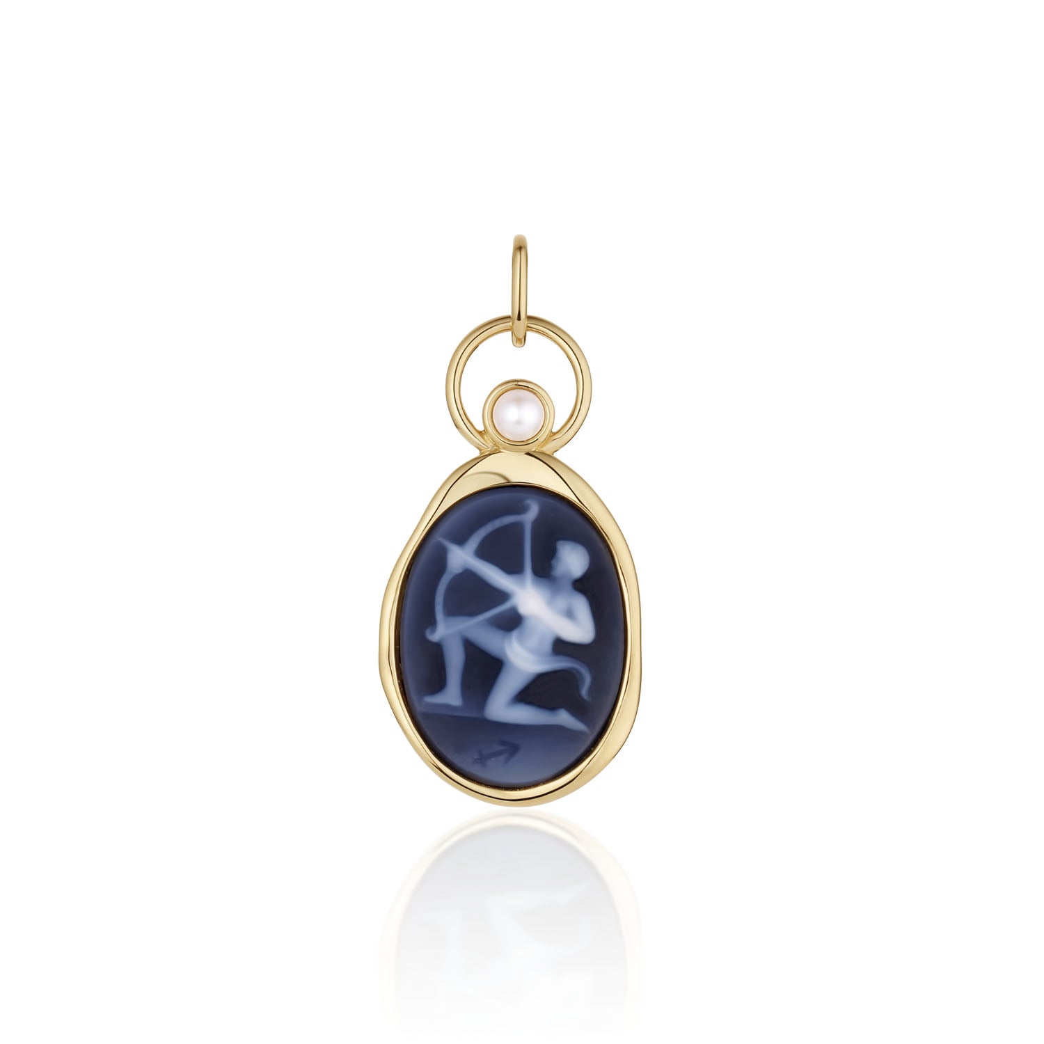 Sagittarius Zodiac Black Agate Carving with Pearl – white archer carved on black agate, set in 14k yellow gold with a white pearl above the carving, by Marrow Fine