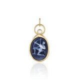 Sagittarius Zodiac Black Agate Carving with Pearl – white archer carved on black agate, set in 14k yellow gold with a white pearl above the carving, by Marrow Fine