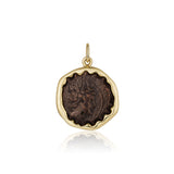 Reverse of the Seleucid Kingdom Antiochos VI Dionysos coin pendant in a scalloped 14k yellow gold bezel
