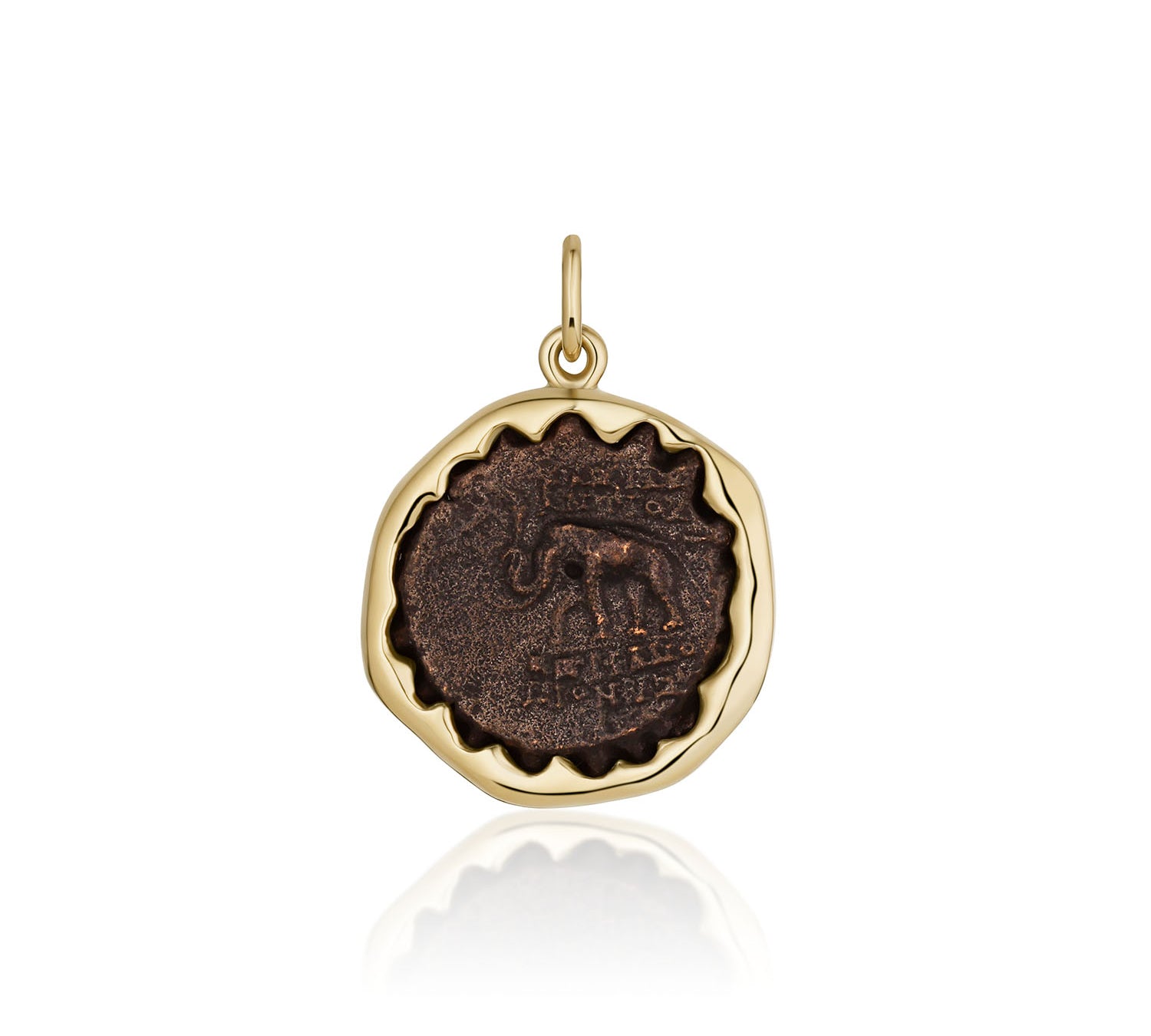 Seleucid Kingdom Antiochos VI Dionysos Pendant – ancient coin from Antioch on the Orontes set in 14k yellow gold with a scalloped bezel, by Marrow Fine