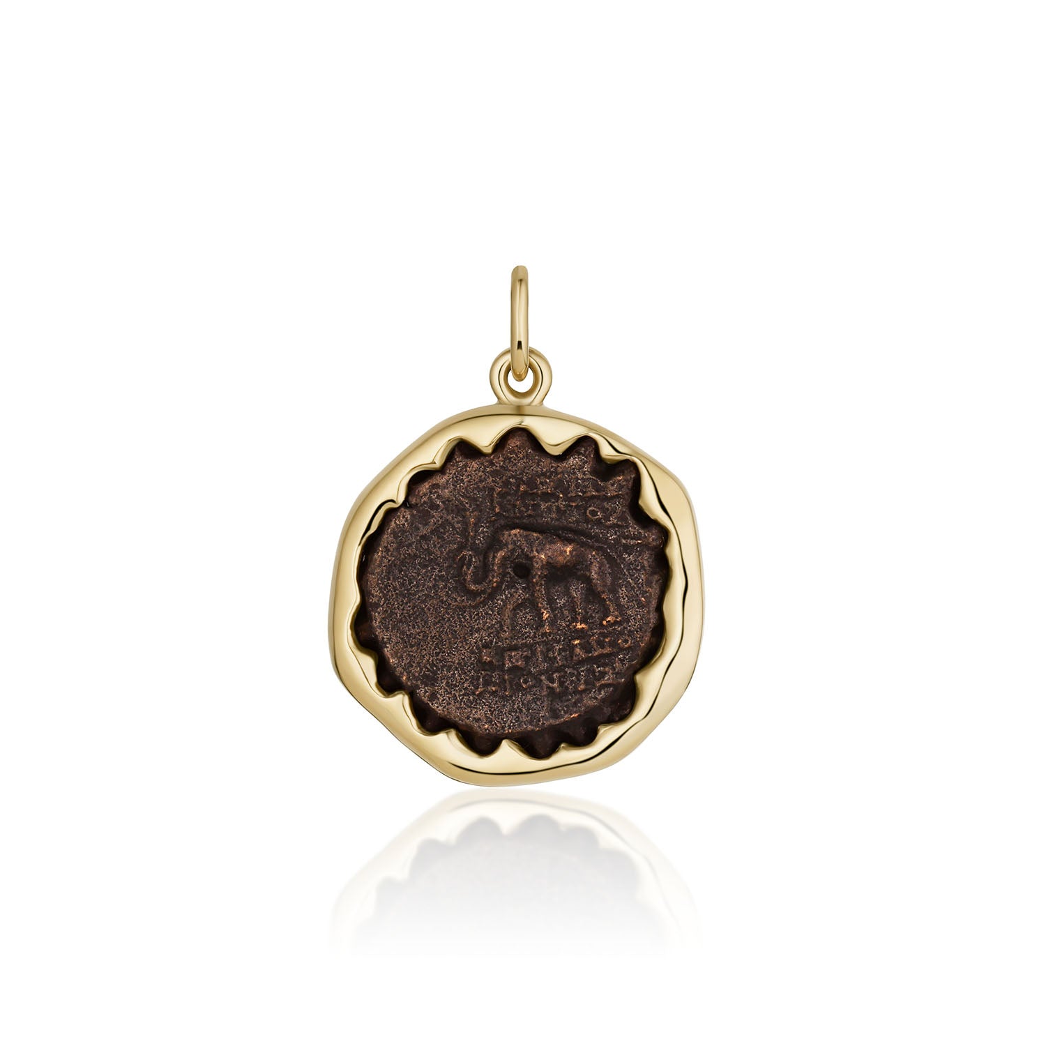 Seleucid Kingdom Antiochos VI Dionysos Pendant – ancient coin from Antioch on the Orontes set in 14k yellow gold with a scalloped bezel, by Marrow Fine