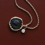 Ancient coin pendant on 2mm rope chain stacked with diamond pendant