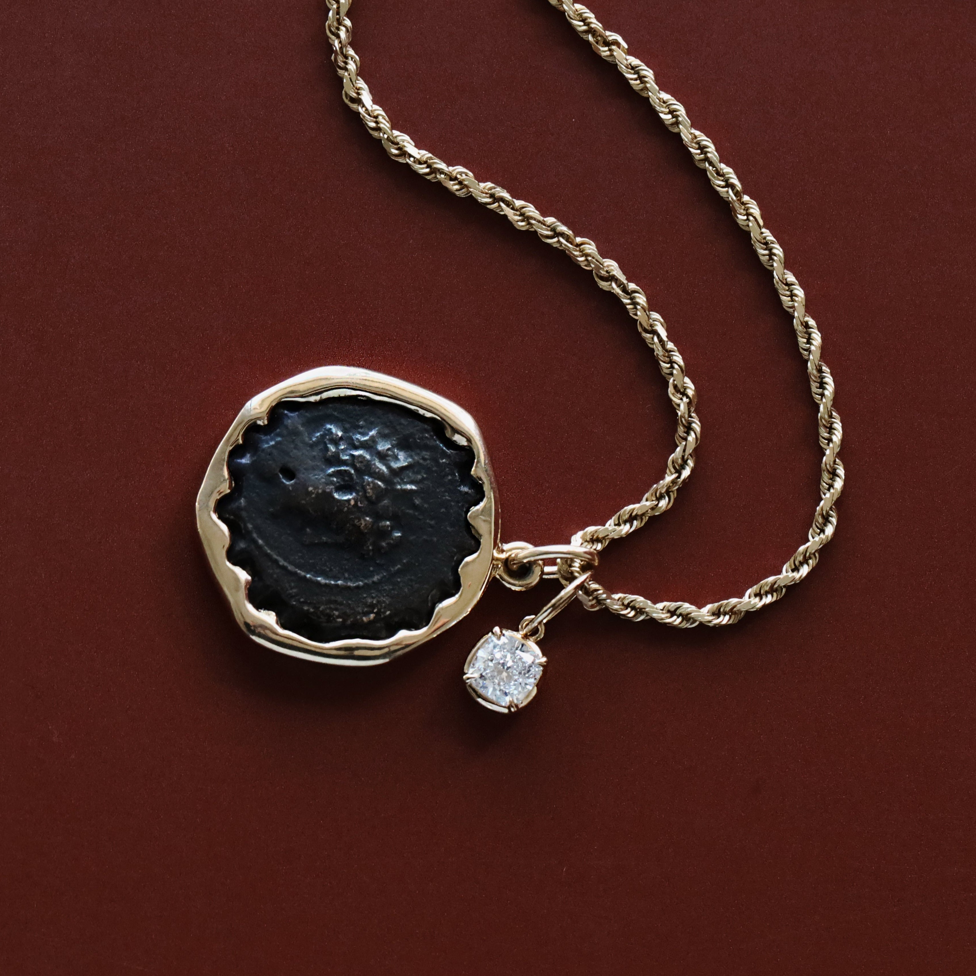 Ancient coin pendant on 2mm rope chain stacked with diamond pendant