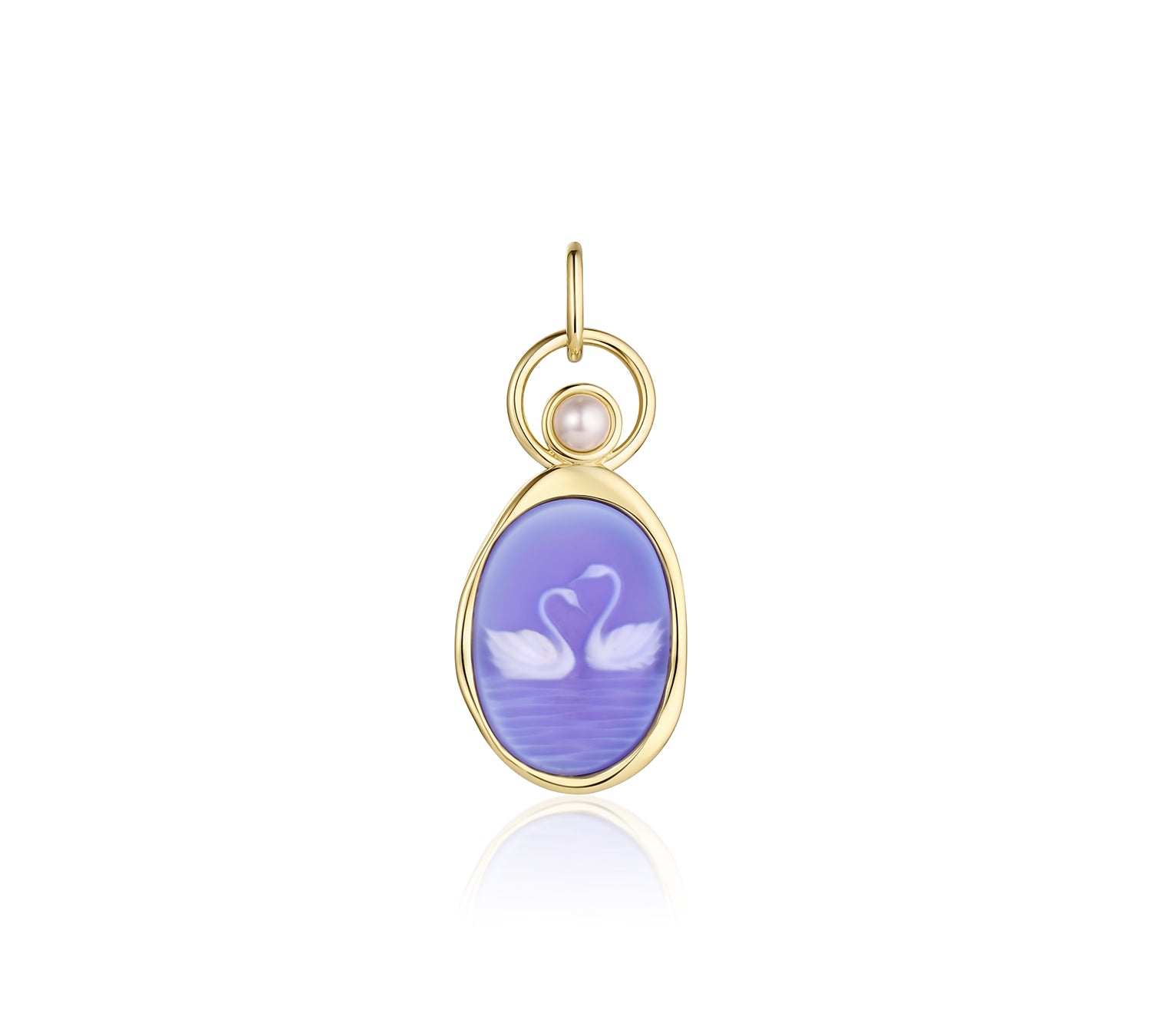 Swan Carving with 3.8mm Pearl Charm – two white swans with necks forming a heart, carved on violet agate and set in 14k yellow gold with a floating pearl, by Marrow Fine